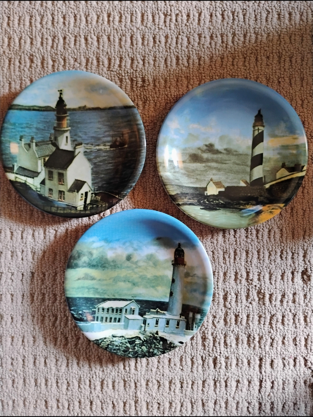 Set of 3 Decorative Lighthouse Plates in Blue and Cream Comes With Plate Hangers